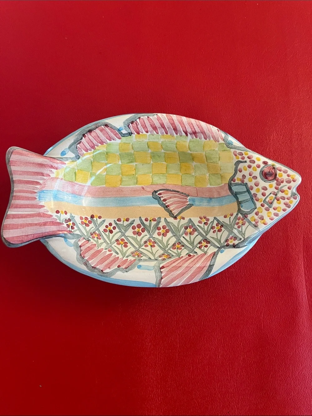 Vintage 1983 Hand-Painted Fish Ceramic Dish in Pink and Yellow